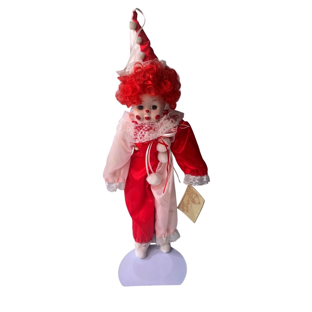 Vintage Dream Dolls Porcelain Clown 18 Inch Red White Harlequin Lace with Stand